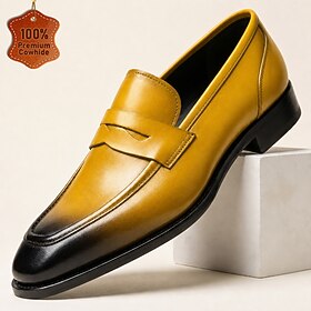Men's Genuine Leather Yellow Penny Loafers, Black Toe Slip-On Dress Style for Business Men, Office, Weddings and Banquets