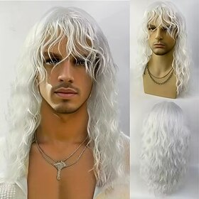 Men's White/Black Curly Wig with Bangs Natural Wavy Synthetic Hair, Suitable for Daily Wear and Cosplay, Adjustable Size for Halloween, Costumes, and Role-Play