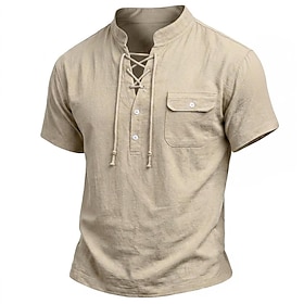 Men's T Shirt Henley Shirt Short Sleeve Shirt Short Sleeve Lace Up Neck Summer Spring Plain Fashion Streetwear Leisure Pockets Lace up Casual Daily Vacation Bl