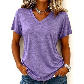 Women's T Shirt Solid Color Stylish Basic Short Sleeve V Neck Regular Tops Casual Sports Weekend Light Green Pink Light Purple Light Grey Summer Spring