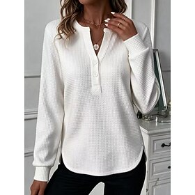 Women's Waffle Polo Shirts Blouse Knit Shirts Texture Solid Color Fashion Classic Casual Long Sleeve V Neck Regular Tops Daily Going out Weekend White Wine Red