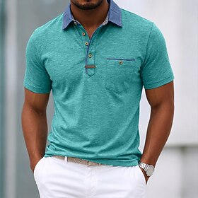 Men's Polo Shirts Business Polo Casual Business Ribbed Polo Collar Short Sleeve Fashion Basic Solid Color Plain Buttons Summer Spring Spring   Fall Regular Fit