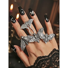 Women's Gothic Skull Moth Ring Set Alloy Silver Stackable Rings Vintage Halloween Jewelry Butterfly Moth Skull Statement Rings for Costume Party Witch Style Ac