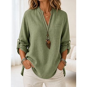 Women's Blouse Dressy Tops Buttons Solid Color Plain Vacation Vintage Daily Long Sleeve 3/4 Sleeve V Neck Long Tops Casual Daily Blue Green Beige Summer Spring