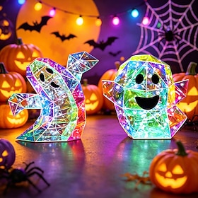 Halloween Prism Iridescent Rainbow Ghost Night Light, LED Color Light Up Ghost Statue, Cute Halloween Ghost Decor Lamp for Holiday Indoor Table Party Decor
