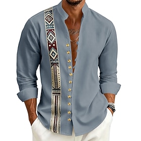 Men's Textured Bandana Print Sun Totem Shirt Stand Collar Shirt Long Sleeve Casual Vacation Daily Wear Going out Spring Fall Mandarin Collar Band Collar Button