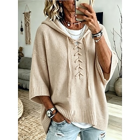 Women's Pullover Sweater Jumper Knit Sweater Streetwear Ribbed Hooded Hooded Half Sleeve Regular Tops Knit Daily Outdoor Going out Pink Orange Fall Winter