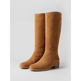 Women's Light Brown Tan Faux Suede Knee High Boots - Casual Round Toe Low Heel Riding Boots for Fall, Winter, Travel  Everyday Wear