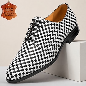 Men's Genuine Leather Black White Checkered Lace-Up Dress Shoes, Pointed Toe Formal Style for Business, Weddings, Parties and Special Events
