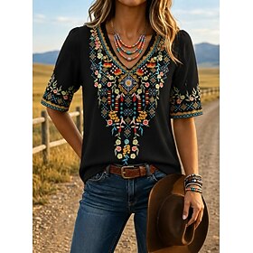 Women's Embroidered Shirt Boho Shirt Floral Elegant Bohemia Vacation Sleeveless V Neck Regular Tops Casual Black Summer Spring Fall