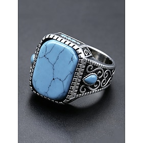 Men's Turquoise  Alloy Bohemian Statement Ring, Vintage Western Signet Ring with Scroll Engraving, Multiple Sizes, for Daily Wear, Parties, Festivals, Travel