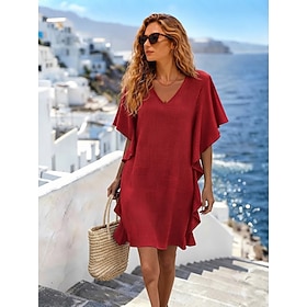 Women's Knee Length Dress Sundress Casual Dress Bohemia Vacation Casual Loose Fit Solid Color Short Sleeve V Neck Blue Black Dark Red Red Summer Spring Fall