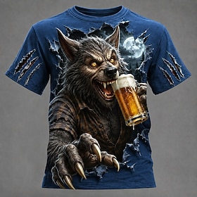Halloween Men's Werewolf T Shirt Short Sleeve T shirt 3D Print Crew Neck Shirt Dark Casual Daily Street Blue Black Brown Summer Spring Clothing Apparel S M L X