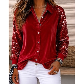 Halloween New Year Women's Velvet Dress Shirt Button Up Shirt Velvet Blouse Sequins Vintage Fashion Long Sleeve Turndown Regular Tops Daily Party Wedding Guest