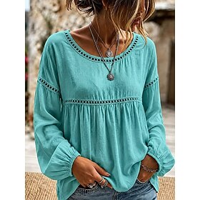 Women's Eyelet Top Ruched Patchwork Lace Trim Solid Color Elegant Vintage Long Sleeve Crew Neck Casual White Wine Red Lake Green Pink Sky Blue Fall