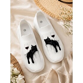 Women's Black Cat Wine Glass Print Flyknit Sock Sneakers, Casual Walking Slip On Shoes with Shock Absorb Outsole, Lightweight Slip On Shoes for Cat Lovers Dail