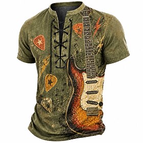 Men's Guitar Henley Shirt T shirt Tee Short Sleeve T shirt 3D Print Lace Up Neck Henley Shirt Retro Vintage Casual Daily Blue Black Green Spring  Summer Clothi