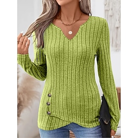 Women's T Shirt Solid Color Stylish Casual Long Sleeve V Neck Regular Tops Casual Daily Khaki Black Green Gray Summer Spring Fall