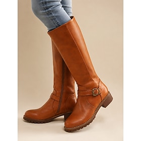 Women's Cognac Brown Faux Leather Knee High Riding Boots with Buckle Strap, Side Zip, Round Toe, Low Block Heel and Lug Sole for Fall Winter Casual Outdoor Wea