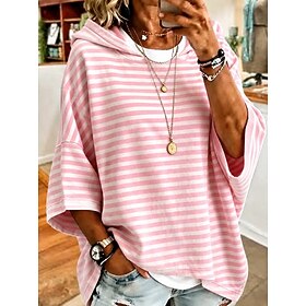 Women's Pullover Hoodie Sweatshirt Print Graphic Striped Casual Short Sleeve Long Sleeve Hooded Regular Tops Casual Street Dailywear Blue Pink Orange Spring Fa
