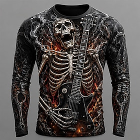 Halloween Men's Skull Skeleton Guitar T Shirt Long Sleeve T shirt 3D Print Crew Neck Shirt Fashion Exaggerated Casual Carnival Street Purple Orange Green Summe
