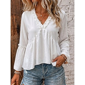 Women's Boho Shirt Ruched Patchwork Peplum Solid Color Vintage V Neck White Black Navy Blue Apricot Summer Spring Fall