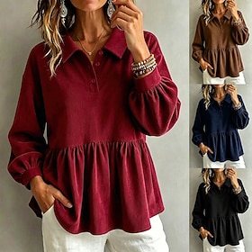 Women's Corduroy Shirt Pleated Ruffle Patchwork Solid Color Vintage Long Sleeve Lantern Sleeve Polo Collar Long Tops Casual Black Red Navy Blue Brown Fall Wint
