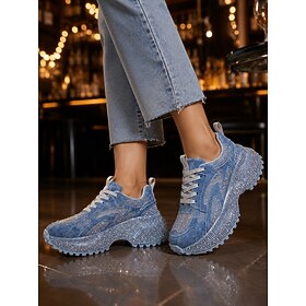 Women's Blue Rhinestone Denim Platform Sneakers, Sparkly Chunky Lace-Up Wedge Shoes for Concerts, Parties, Night Out Casual Glam Looks