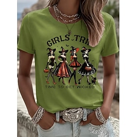 Halloween Women's T Shirt Print Graphic Pumpkin Witch Vintage Stylish Casual Short Sleeve Crew Neck Regular Tops Casual Daily Weekend Green Summer Spring Fall