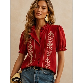 Women's Blouse Embroidered Geometric Stylish Casual Short Sleeve Crew Neck Regular Tops Casual Daily Black Red Green Summer Spring Fall