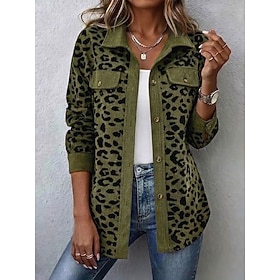 Women's Casual Jacket Windproof Warm Patchwork Buttons Vintage Fashion Daily Casual Leopard Casual Long Turndown Regular Fit Long Sleeve Outerwear Khaki Pink G