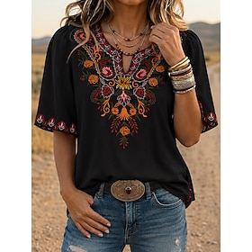 Women's Embroidered Blouse Floral Stylish Casual Half Sleeve V Neck Regular Tops Casual Daily Black Summer Spring
