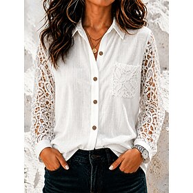 Women's Lace Shirt Blouse Lace Tops Lace Hollow Out Plain Elegant Long Sleeve Shirt Collar Regular Tops Casual Daily Holiday White Summer Spring