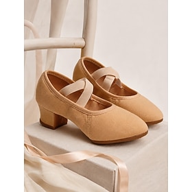 Women's Almond Canvas Character Mary Jane Dance Shoes, Cross Elastic Strap Low Heel Dance Pumps with Rubber Non-slip Sole for Jazz, Character, Musical Theatre,
