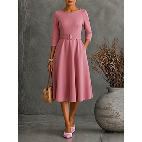 Women's Midi Dress Wedding Guest Dress A Line Dress Elegant Wedding Regular Fit Plain 3/4 Length Sleeve Crew Neck White Black Pink Red Spring Fall