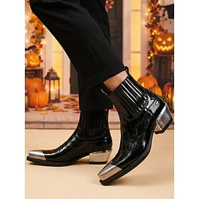 Men's Halloween Gothic Ankle Boots, Black Pointed Toe Dress Boots with Metallic Detail and Elegant Heel Design for Costume Parties, Night Events and Festival O