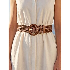 Women's Bohemian Woven Faux Leather Belt with Round Buckle, Multiple Colors, Wide Braided Waist Belt for Summer Dresses, Vacations, Music Festivals, Beach Trip