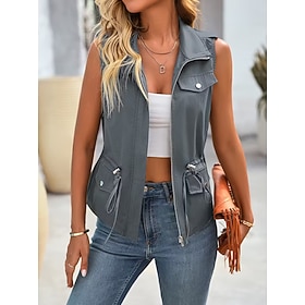 Women's Shirt Jacket Vest Sports Zipper Outdoor Casual Regular Lapel Regular Fit Sleeveless Outerwear Black Green Grey Spring Fall