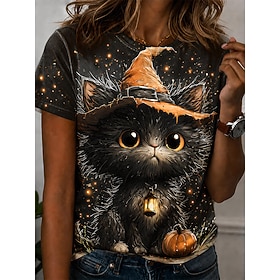 Halloween Women's T Shirt Print Graphic Cat Pumpkin Vintage Stylish Classic Short Sleeve Crew Neck Round Neck Regular Tops Casual Daily Weekend bright orange B