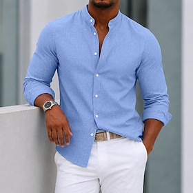 Men's Shirt Dress Shirt Button Up Shirt Textured Casual Daily White Light Blue Black Pink Long Sleeve Grandad Collar All Seasons Clothing Apparel Patchwork