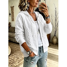 Women's Textured Zip Up Hoodies Warm Vintage Casual Long Sleeve Hooded Regular Tops Casual Home Street Blue White Orange Spring Fall