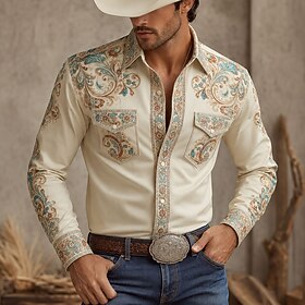 Men's Floral Florals Shirt Western Shirt Cowboy Shirt Long Sleeve Vintage Western Casual Outdoor Spring Fall Turndown Front Two Pockets Linen Like Shirt Button