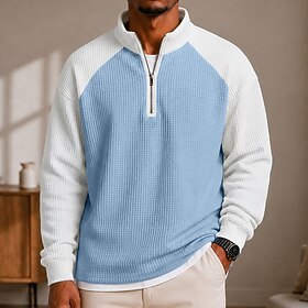 Men's Waffle Polo Shirts Polo Casual Formal Half Zip Zip Long Sleeve Fashion Solid Color Textured Color Block Buttons Fall Winter Spring Fall Regular Fit Blac