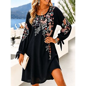 Women's Mini Dress Casual Dress Elegant Bohemia Vacation Loose Fit Floral Long Sleeve V Neck Black Summer Spring