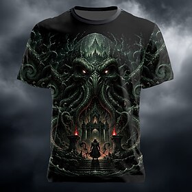 Halloween Men's Optical Illusion 3D Octopus T Shirt Short Sleeve T shirt 3D Print Crew Neck Shirt Exaggerated Designer Horror Club Party Street Black 1 Black S