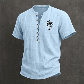 Men Linen Shirt Popover Shirt Summer Shirt Beach Wear Casual Shirt Embroidered Casual Vacation White Wine Navy Blue Sky Blue Short Sleeve Collar Summer Spring