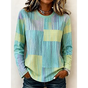 Women's T Shirt Print Graphic Geometric Vintage Fashion Stylish Long Sleeve Crew Neck Regular Tops Casual Daily Blue Green Spring Fall