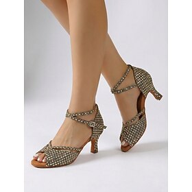 Women's Taupe Sequin Latin Practice Dance Shoes, Elegant High Heel Ballroom Shoes Cross Strap Design  Suede Sole, Flexible Performance Footwear for Salsa, Tang
