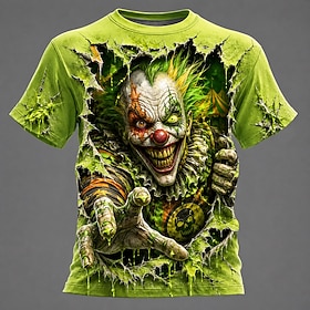 Halloween Men's Optical Illusion Creepy Clown Clown T Shirt Short Sleeve T shirt 3D Print Crew Neck Shirt Exaggerated Designer Horror Club Party Street Green 1