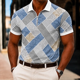 Men's Color Block Geometic Polo Shirts Quarter Zip Polo Short Sleeve Turndown Casual / Sporty Casual Daily Sports  Outdoor Zip Up Zipper Summer Spring Blue Pur